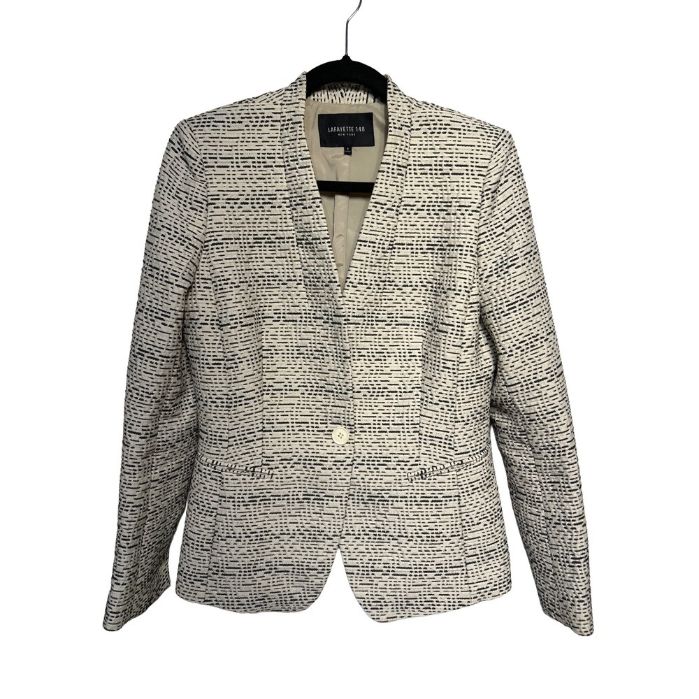 Lafayette 148 New York Cream Black Textured One Button‎ Blazer Women's Size 6